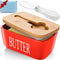 Large Butter Dish with Lid for Countertop, Ceramic Keeper with Knife, Perfect for 2 Sticks of Butter, Red