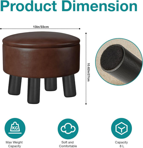 Small Foot Stool Ottoman with Storage, Faux Leather Ottoman Foot Rest for Couch, Round Footstool Ottomans for Living