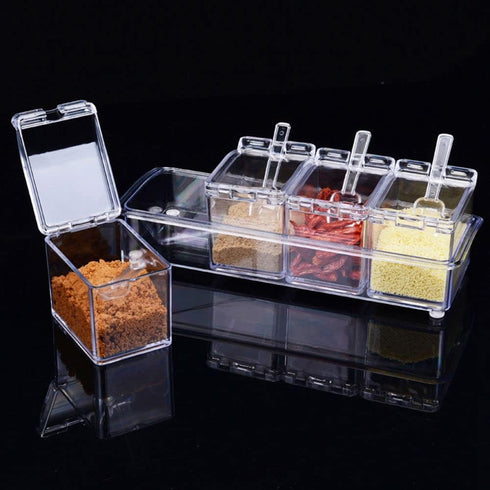 Seasoning Box with Spoon, 4 Compartments Multi-Grid Spice Storage Container for Kitchen Herb Spice Tools