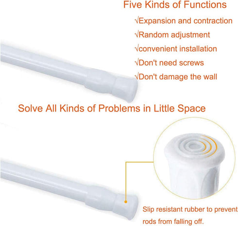 2 Pack Small Tension Rods 15.7 in to 28, Extendable Curtain Rods for Kitchen Utensils, Closet, and Cabinet