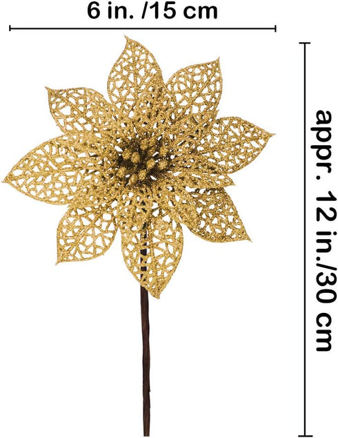 Supla 24 Pack Christmas Gold Glitter Poinsettia Flowers Picks, 5.9" Wide Christmas Tree Ornaments for Holiday