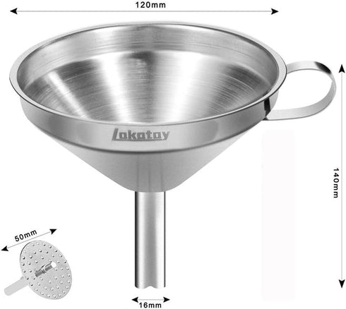5-Inch Food Grade Stainless Steel Kitchen Funnel with Strainer Filter for Liquid Dry Ingredients, Silver