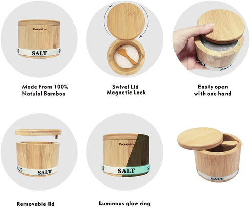 Salt Box Bamboo Salt Container with Swivel Lid and Spoon, Small Spice Cellar with Magnetic Seal - 8 oz Capacity