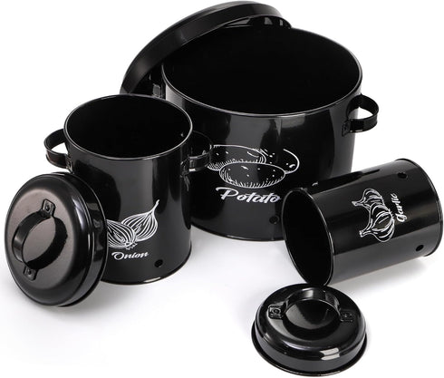 3 Pack Set, Frcctre Vegetable Storage Tins, Potato Onion Garlic Storage Canister Black Metal Kitchen Vegetable Keeper