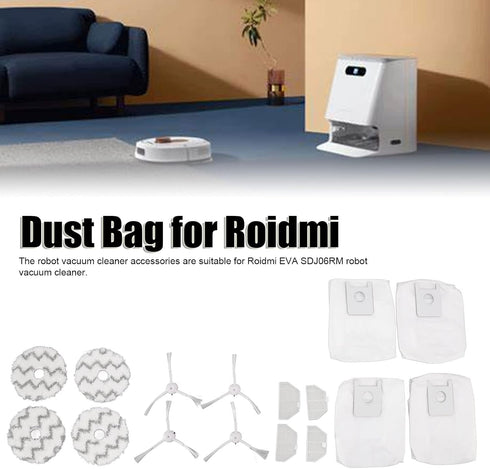Sweeping Robot Accessories for Roidmi EVA SDJ06RM Vacuum Cleaner, Includes 4 Dust Bags, 4 Filters & 4 Mop Cloths