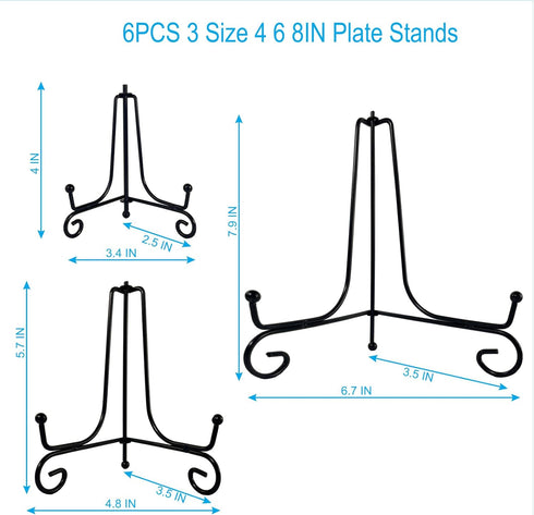 6PCS Black Iron Plate Stands for Display, 3 Sizes 4, 6, 8 Inch, Mini Easel Holders for Frame, Book, Card