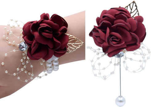 Grey Satin Rose Wrist Corsage & Boutonniere for Wedding Bridal Bridesmaid and Men's Groom Boutonniere
