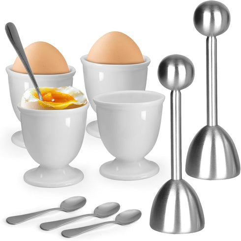vibedor Set 2 4 4 Egg Cups and Egg Cracker for Soft Boiled Eggs, Stainless Steel Egg Cutter, Stainless Stain Spoons