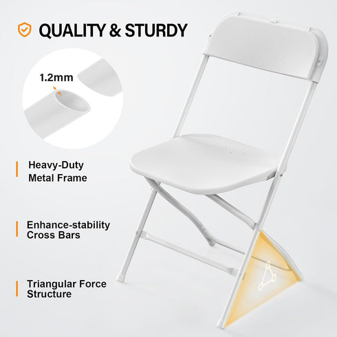 1 Pack Commercial 350lb. VINGLI White Plastic Folding Chair, Indoor Outdoor Portable Stackable Seat with Steel Frame