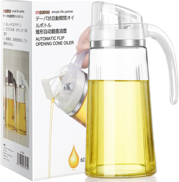 Marbrasse 20 OZ Oil Dispenser for Kitchen, Leakproof Glass Bottle with Auto Flip Cap (White)