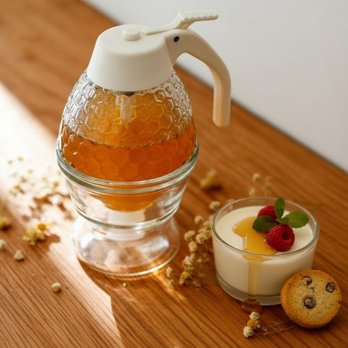 Ahhute Honey Dispenser, No Drip Glass Maple Syrup Dispenser with Stand, Reusable Honey Jars, Easy Pour Honey Pot
