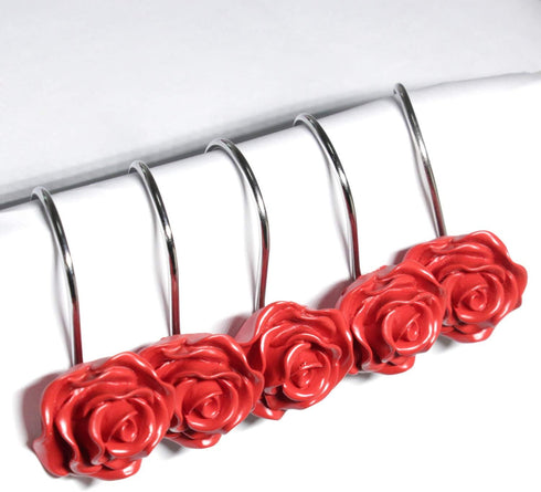 BEAVO Shower Curtain Hooks, Decorative Rustproof Resin Rose Flower Shower Hooks, Set of 12 (Red)