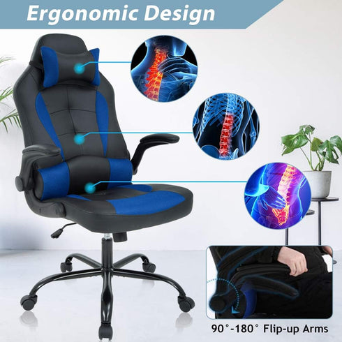 Gaming Chair, High Back Office Chair Ergonomic Desk Chair PC Racing Chair with Headrest Lumbar Support & Flip-up Arms