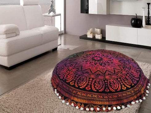 22 Inch Throw Floor Pillow Covers Tie Dye Round Pouf Seating Home Decor Flower Printed Indian Mandala Ottoman Cotton
