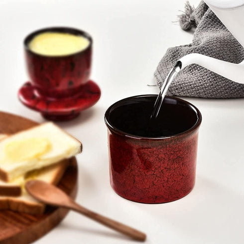 Pottery Butter Keeper Crock - Ceramic Butter Dish with Water Line for Countertop, Keep Butter Fresh, Red