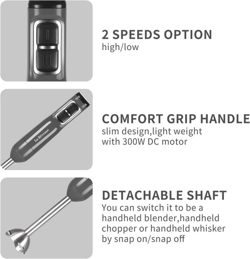 La Reveuse Handheld Immersion Blender, 3 in 1, 300 Watts with Whisk, Mixing Beaker, Food Chopper Attachments