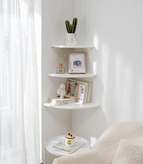 7in) Corner Shelf, White Solid Oak Wood Floating Corner Shelves Wall Mount Round End Floating Speaker Rack Display