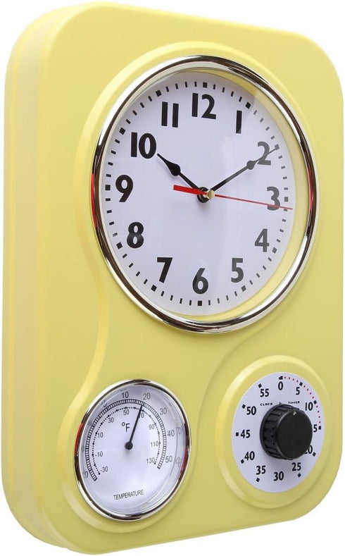 Lily's Home Retro Kitchen Wall Clock with Thermometer and 60-Minute Timer, Yellow (9.5 in x 13.3 in)