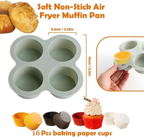 2 Pcs Air Fryer Accessories, Silicone Muffin Pans for Baking Non-Stick Food-Grade Air Fryer Liners with 16 Disposable Paper Coated Baking Cups by Jaxbo