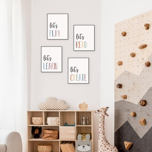 Set 4 PLKMN Let's Play Read Wall Art Prints Decor of - Play Room Essentials, Boho Neutral Let's Learn Let's Create