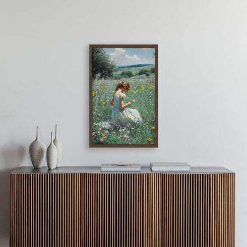 16x24 Inches Framed Girl in Wildflower Meadow Wall Art Impressionist Oil Painting Print on Canvas, Pastoral Nature