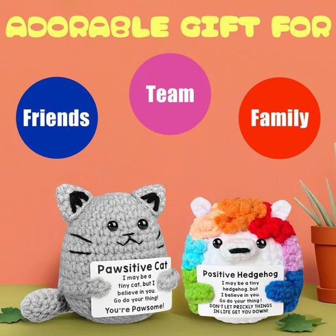 AicooFest 9pcs Positive Crochet Animals Emotional Support Plushies with Messages Positive Cat Bunny Duck Shark Employee