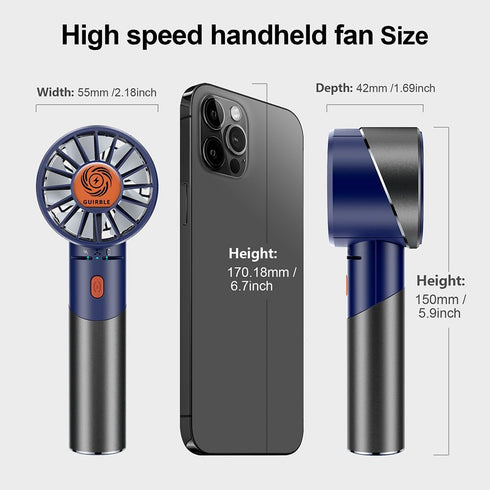 Handheld Portable Turbo Fan, Powerful Personal Fan (7000rpm High-Speed Motor, Battery 3-16 H), USB Rechargeable, Navy