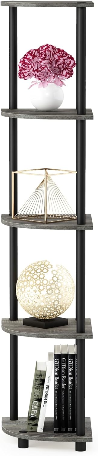 Furinno Turn-N-Tube 5 Tier Corner Display Rack, Multipurpose Shelving Unit, 1-Pack, French Oak Grey/Black