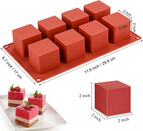 JOERSH Cube Cake Silicone Mold, 2" x 2" x 2" 3D Square Mousse Cake Baking Mold, 8-Cavity
