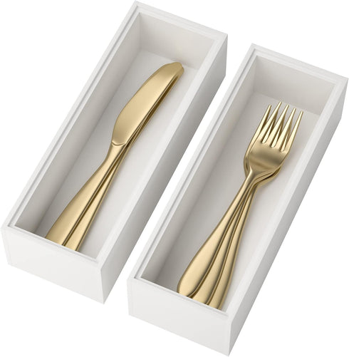 Utensil Organizer Silverware Drawer Organizer, Set of 2 Stackable Bamboo Storage Box Tray for Kitchen Gadgets