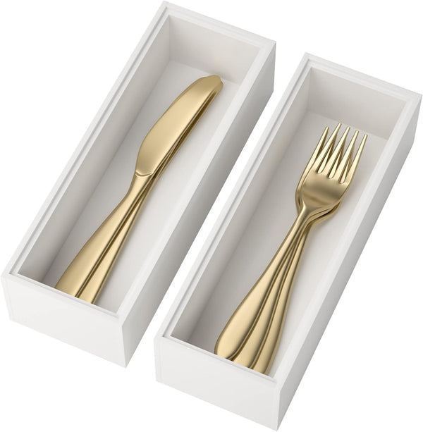 Utensil Organizer Silverware Drawer Organizer, Set of 2 Stackable Bamboo Storage Box Tray for Kitchen Gadgets
