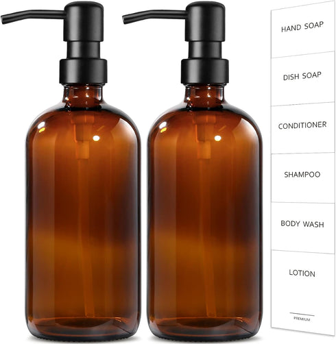 GMISUN Amber Glass Soap Dispenser - 2 Pack Bathroom Hand Soap Dispensers with Stainless Steel Pump, 17 Fl Oz