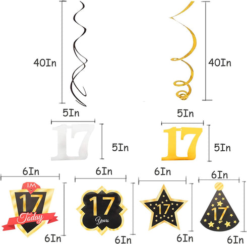 LINGTEER Happy 17th Birthday Decorations - 12 Pcs Black & Gold Foil Swirls Streamer Set for Seventeen Years Old Bday