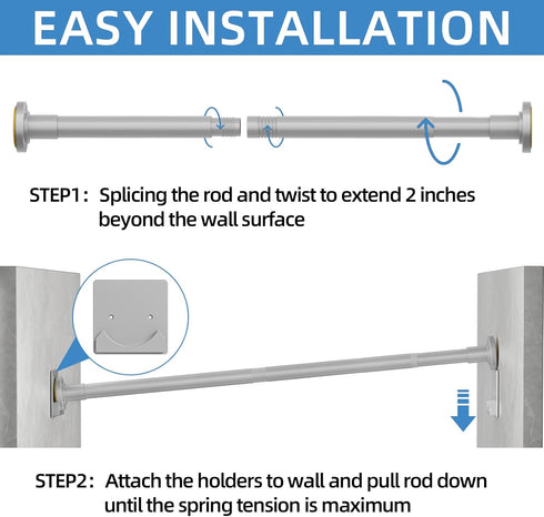 Matte Silver Shower Curtain Rod, 1 Inch Diameter Stainless Steel Adjustable Spring Tension Rods 32 to 68"