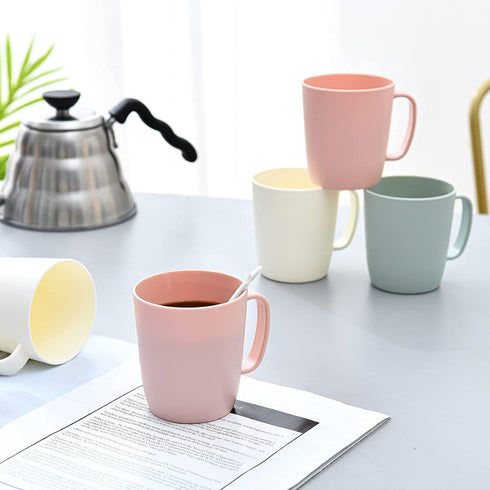 Set of 5 Coffee Mugs - 10 Ounce Unbreakable Plastic Cups with Handle, 3 Basic Colors, Dishwasher Safe
