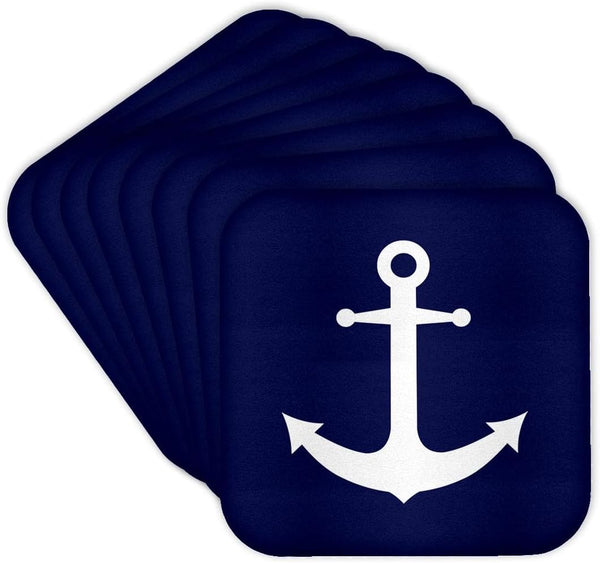 3dRose Navy Blue and White Nautical Anchor Design Soft Coasters, Set of 8