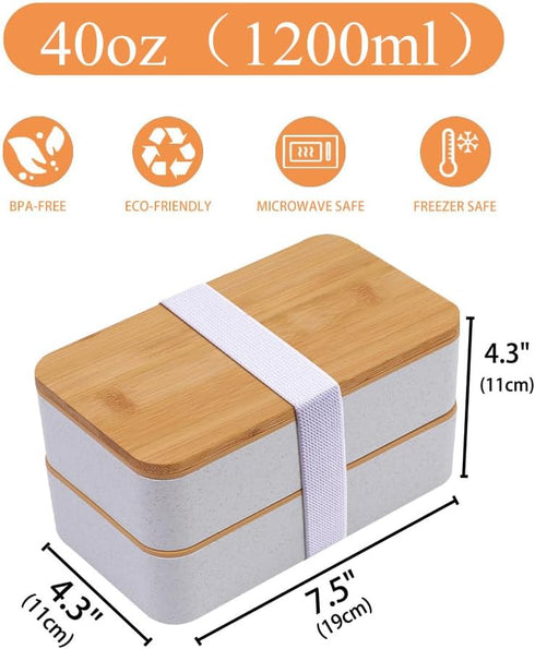 Japanese Bamboo Bento Box with Compartments, Stackable Lunch Box Includes Lunch Bag for Meal Prep, Beige