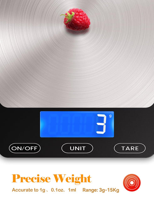 Food Scale - 33lb Digital Kitchen Scale for Food, Ounces, Grams, Rechargeable 304 Stainless Steel, Black