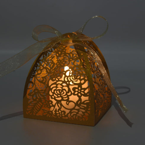 KPOSIYA 100 Pack Laser Cut Rose Candy Boxes, 2.5"x2.5"x3.1", Gift Boxes for Bridal Shower, Birthday Party, Yellow