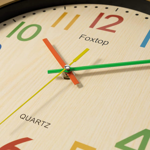 Foxtop 12 Inch Silent Kids Wall Clock - Non-Ticking Battery Operated Colorful Clock for Nursery & Classroom