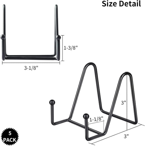IBosins 5 Pack 3 Inch Small Plate Holder Display Stands, Mini Metal Black Frame for Picture, Photo Easel
