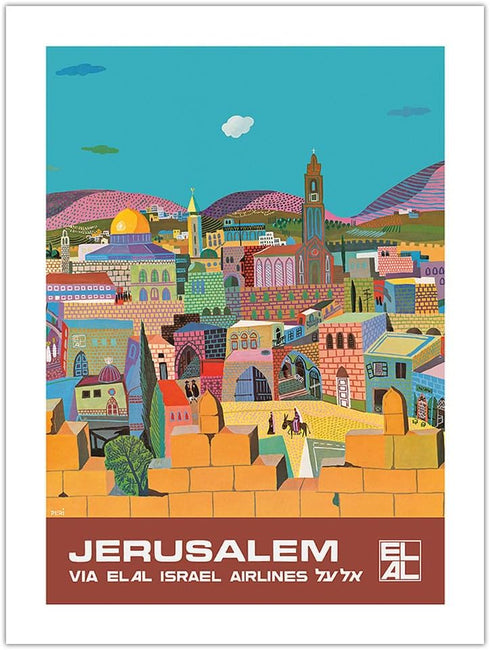 Vintage Airline Travel Poster - Jerusalem Israel via El Al Airlines by Peri Rosenfeld c.1970s, 12x16in