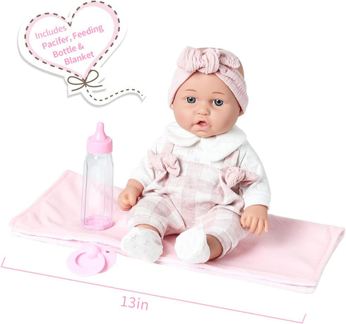 Enjoyin 12'' 13''x13'' 3+ Baby Doll in Gift Box with Pink Cloths, Pacifier, Microfabric Blanket, and Feeding Bottle.