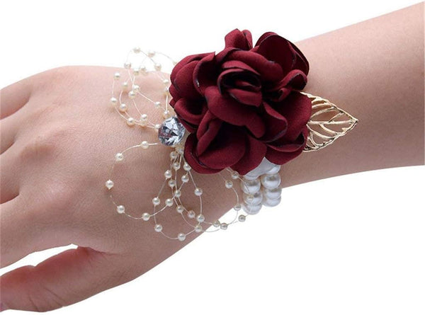 Girl Bridesmaid Wrist Corsage Bridal Silk Flower with Faux Pearl Bead Stretch Bracelet, Gold Leaf for Wedding Prom