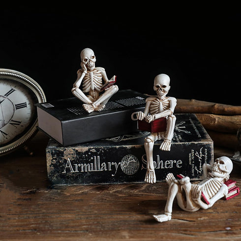 GJFASGF 3 Psc Reading Skeleton Statue Gothic Horror Decor for Bookshelf and Desk Resin Figurine Halloween Decoration