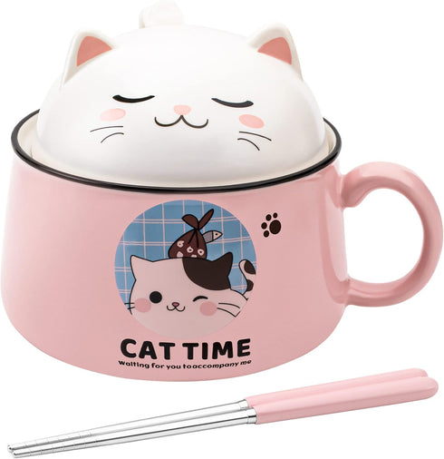 Ramen Bowl Set with Chopsticks, Cute Cat Instant Noodle Bowls with Lid, 34.5 OZ Extra Large Ceramic Soup Bowls, Pink