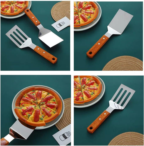 2 PCS Metal Spatula for Cast Iron Skillet, Stainless Steel Slotted Turner with Wood Handle, Flat Top Grill Spatulas