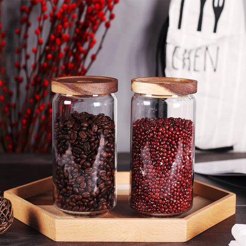 SAIOOL Home Borosilicate Glass Kitchen Jars/Canisters with Acacia Wood Airtight Lid, Set of 2 Pack