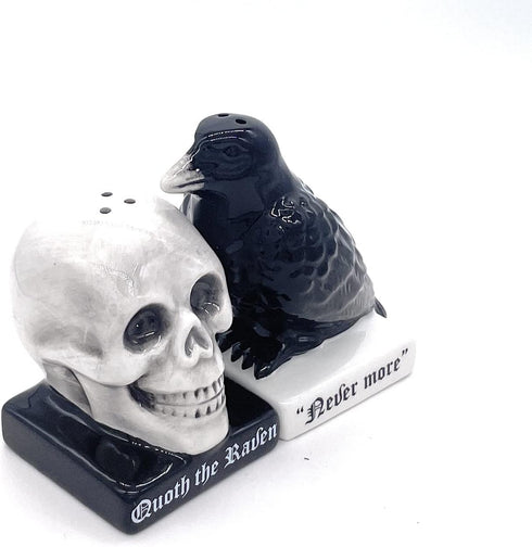 Rustix Quoth The Raven Ceramic Gothic Halloween Decor, Cute Skull Horror Salt and Pepper Shaker Set for Kitchen