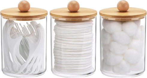 Tbestmax 10 Oz Cotton Swab Holder, Clear Apothecary Jar with Wood Lids, Bathroom Storage Dispenser 3 Pack